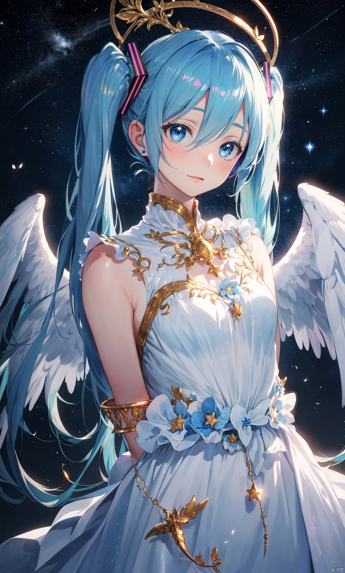 masterpiece, best quality, hatsune miku, white gown, angel, angel wings, golden halo, dark background, upper body, (closed mouth:1.2), looking at viewer, arms behind back, blue theme, stars, starry night
