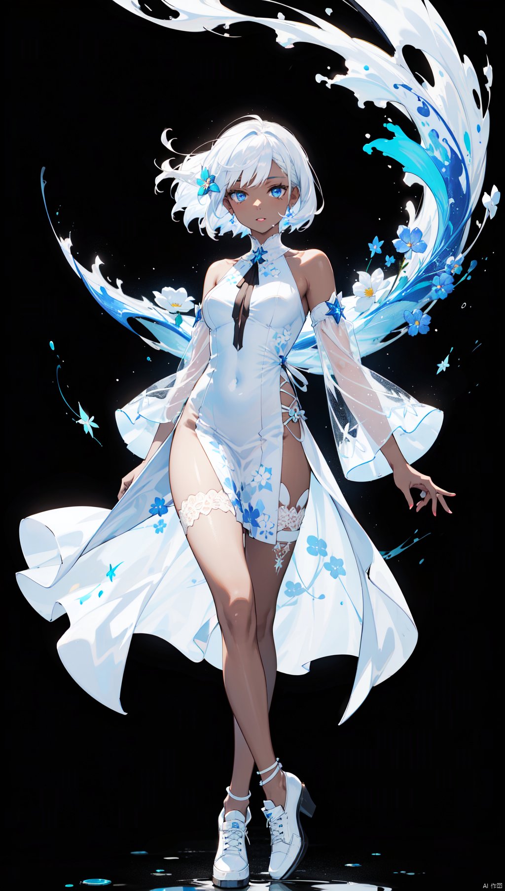 a woman with white hair and blue eyes,in a white dress with a black background and a splashs of paint all over,Celestial Skin,dark skin,flower-pattern,see-through white dress,black under cloths,facing viewer,hair blowing in the wind,white shoes,fantasy,white fires all over,
