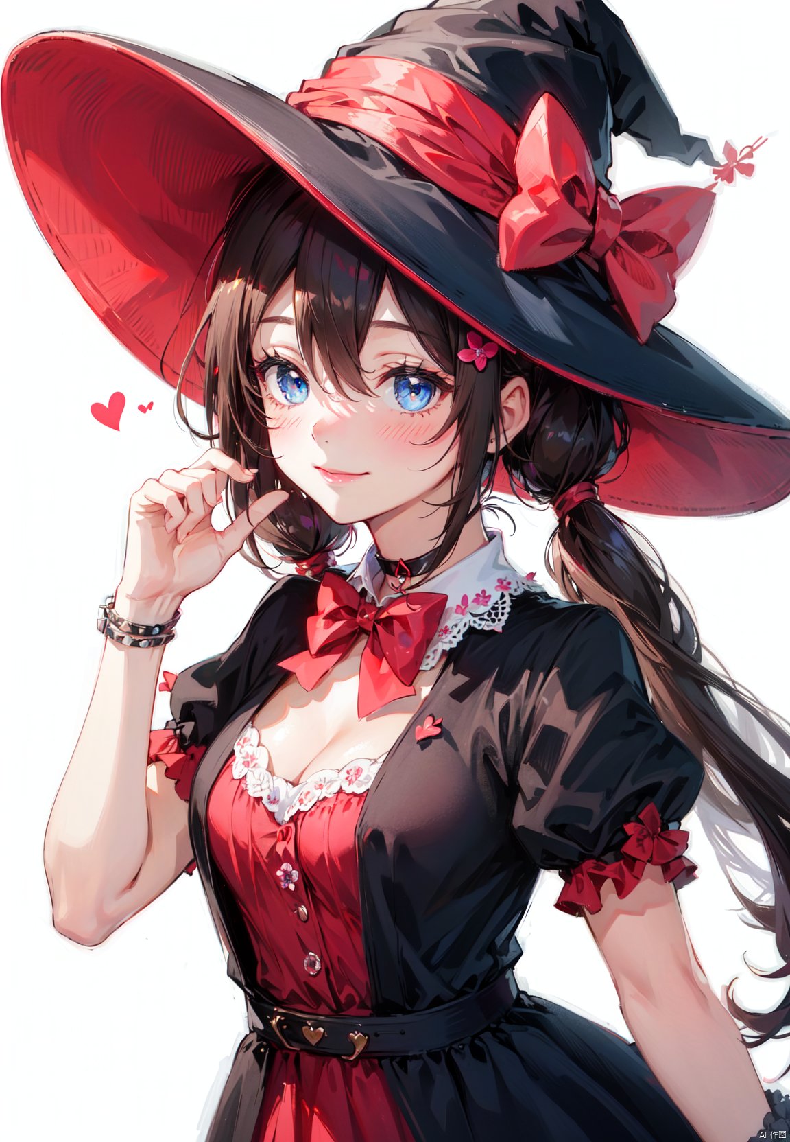 1girl, solo, hat, witch hat, blue eyes, twintails, brown hair, looking at viewer, long hair, heart, upper body, choker, bow, flower, witch, breasts, dress, bangs, bowtie, red bow, puffy sleeves, white flower, blush, closed mouth, hair between eyes, red bowtie, red choker, medium breasts, white background, smile, simple background, short sleeves, hair ornament, hand up, pink flower, black headwear, cleavage, rose
