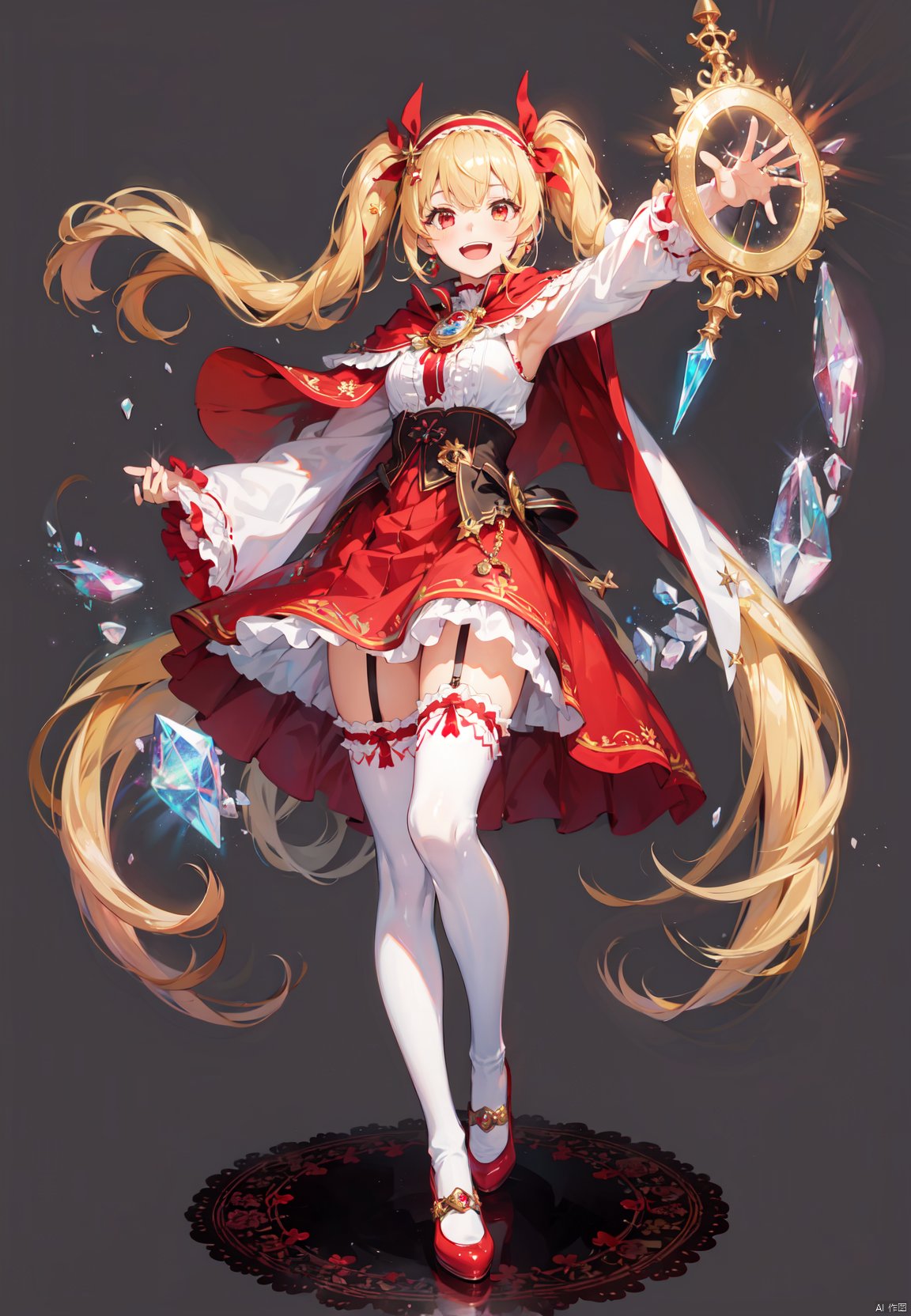 1girl, solo, long hair, yellow hair, magic circle, thighhighs, staff, hairband, skirt, magic, white thighhighs, full body, looking at viewer, white background, red eyes, frills, twintails, garter straps, hair ornament, wide sleeves, holding staff, jewelry, red skirt, simple background, very long hair, dress, zettai ryouiki, frilled skirt, standing, capelet, long sleeves, holding, breasts, brown eyes, crystal, gem, floating hair, bangs,arms up,laughing,  happy
