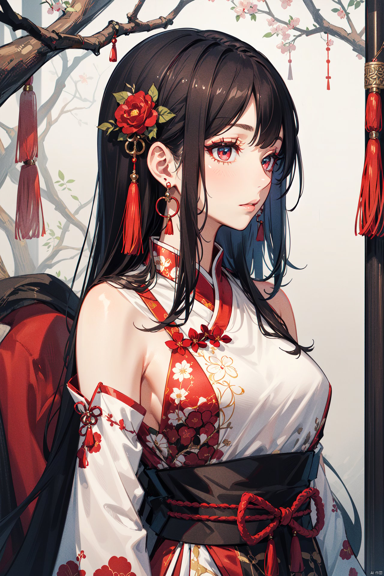 A young woman with long, dark hair adorned with a hair ornament and jewelry sits confidently in a profile pose, her upper body the focal point. A red flower and delicate branch adorn her shoulder, while her eyes gaze downward with closed lips. Her eyelashes frame her face, and subtle makeup accentuates her features. She wears traditional Chinese clothing with intricate details, including a flowing tassel that complements her earrings, which feature matching tassels. The background is a deep red hue, subtly blurring the edges of the subject to create an intimate atmosphere.