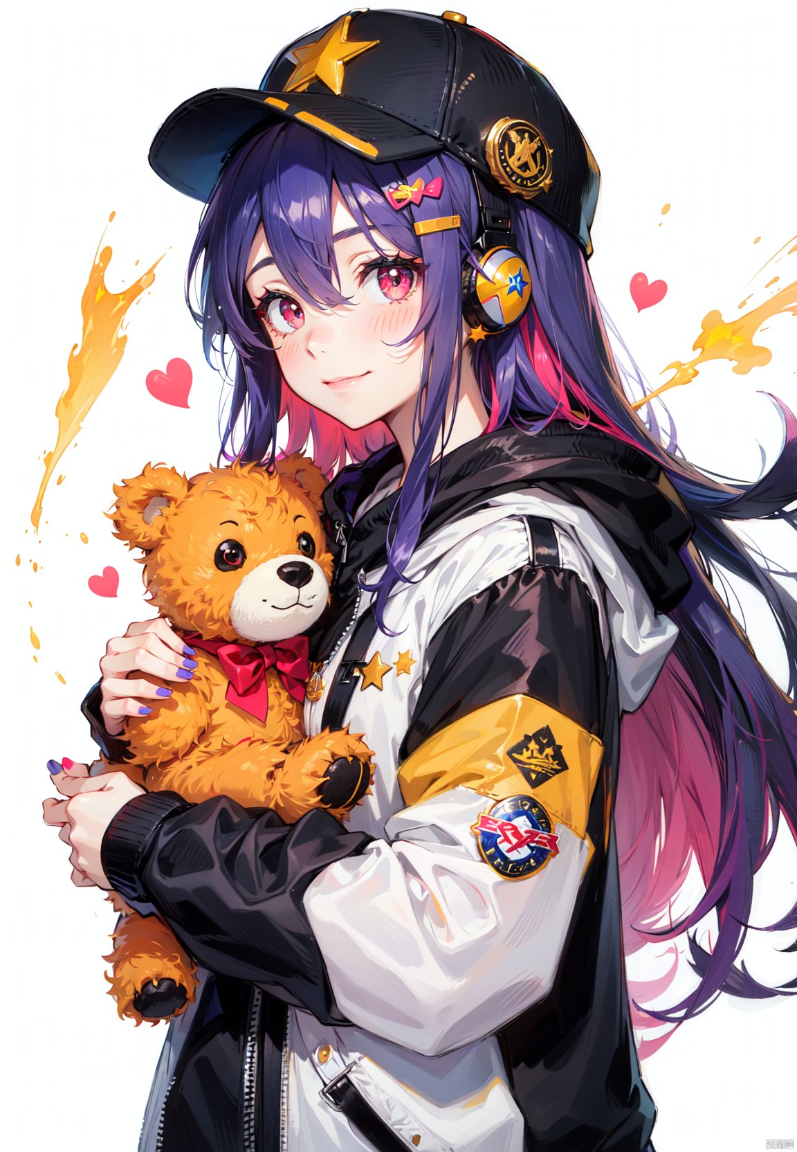 1girl, teddy bear, baseball cap, hat, solo, stuffed animal, stuffed toy, smile, long hair, hood down, jacket, hood, headphones, closed mouth, purple hair, long sleeves, fingernails, nail polish, sleeves past wrists, looking at viewer, multicolored eyes, bangs, hooded jacket, yellow nails, red jacket, multicolored nails, hair ornament, object hug, blush, red nails, white headwear, upper body, purple eyes, claw pose, heart, black headwear, hand up, bow, hoodie, hairclip, nail art, button badge, very long hair, hair between eyes, orange nails, puffy long sleeves, puffy sleeves, black bow, badge, holding, drawstring, red eyes, pink nails, star (symbol), multicolored hair, blue nails, holding stuffed toy, lightning bolt symbol, colorful, looking to the side
