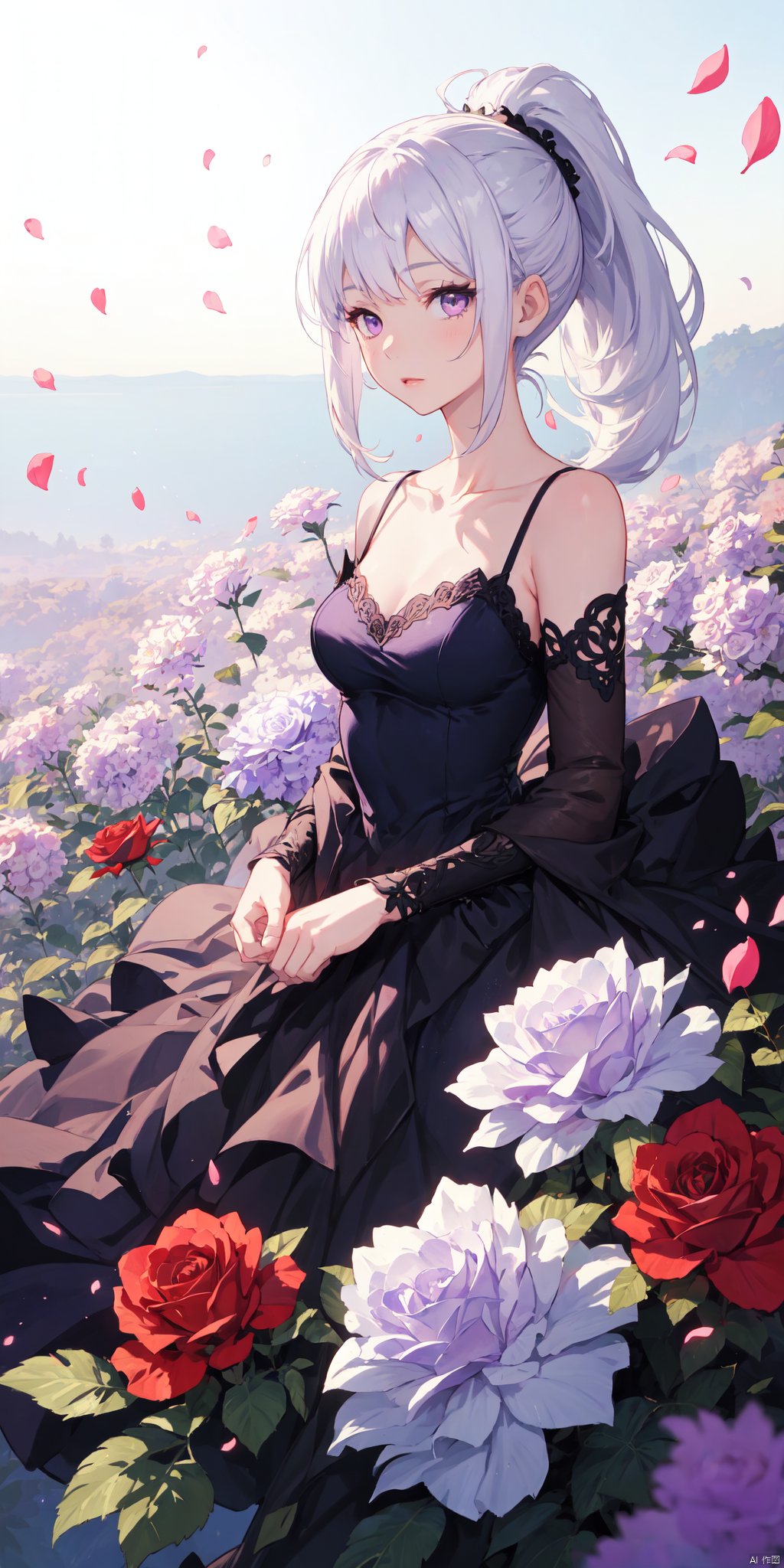 1girl, ponytail ,white hair, purple eyes, (dress:1.3), medium breasts, collarbone, flowers and petals, (illustration:1.1), (perfect details:1.1), landscape, background, rose, abstract,