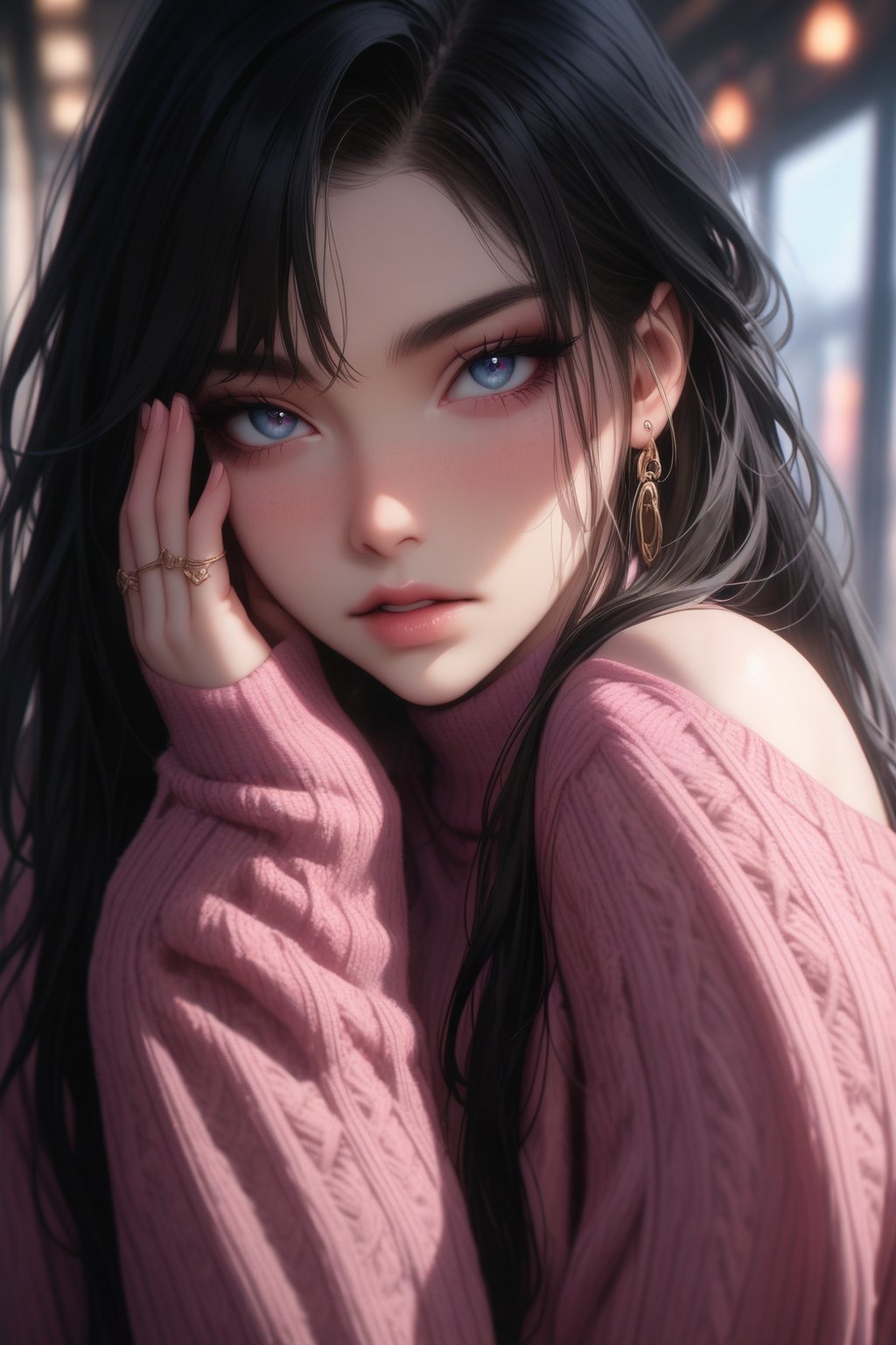 masterpiece, best quality, absurdres, very aesthetic, explicit, newest, perfect face, 1girl, solo, long hair, looking at viewer, blue eyes, black hair, long sleeves, jewelry, earrings, parted lips, nail polish, sweater, lips, fingernails, sleeves past wrists, eyelashes, ring, pink nails, hand on own face, freckles,niji6
