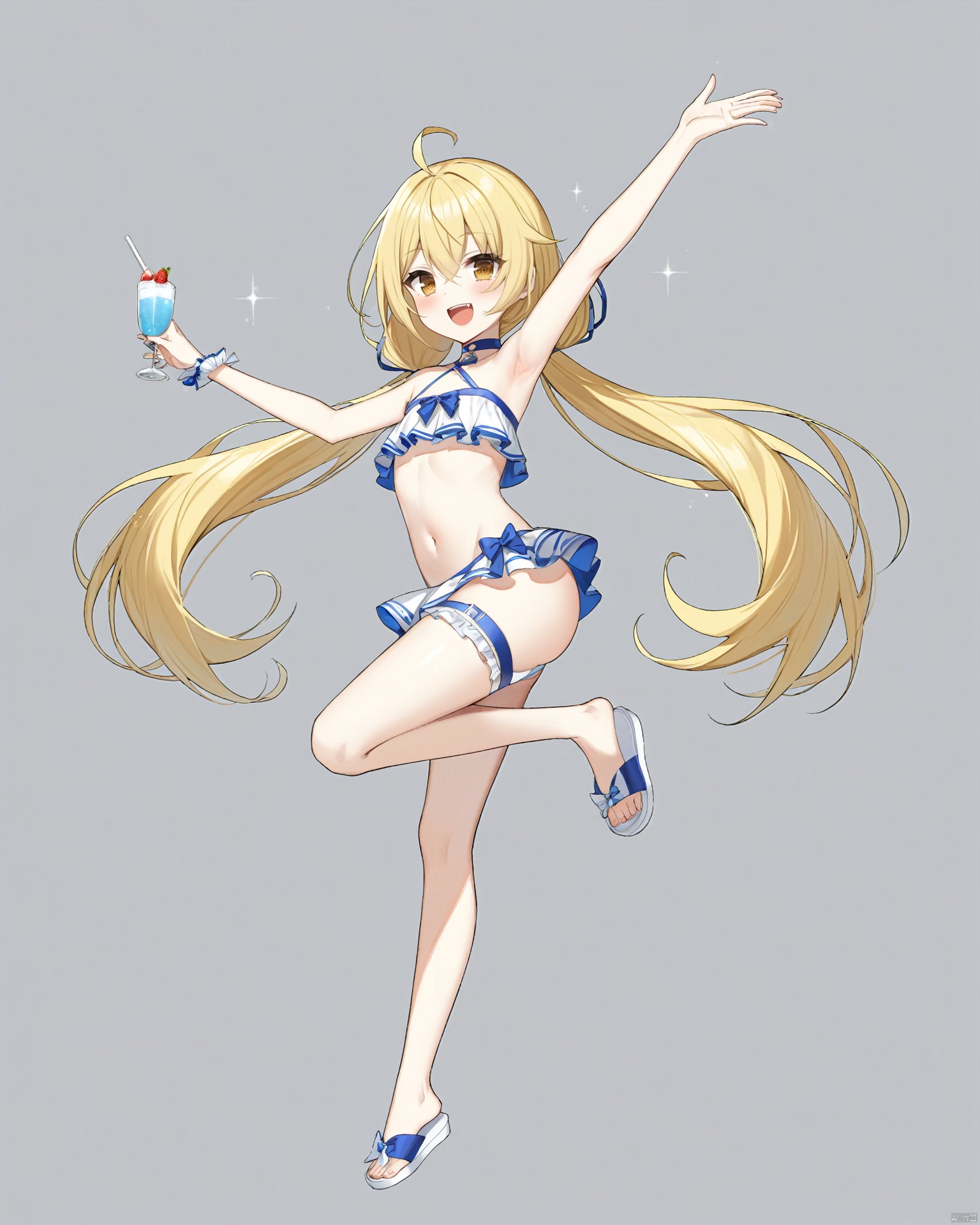 (masterpiece),(bestquality),,closers,((lucy_\(closers\))),1girl,swimsuit,blonde hair,bikini,long hair,twintails,solo,ahoge,open mouth,low twintails,smile,navel,yellow eyes,flat chest,looking at viewer,food,very long hair,choker,cup,:d,eyebrows visible through hair,sandals,thigh strap,barefoot,full body,bangs,frills,armpits,blush,bare shoulders,bare arms,knee up,outstretched arms,hair between eyes,collarbone,brown eyes,bare legs,halterneck,blue footwear,stomach,legs,breasts,shoes,ribbon,toes,leg up,thighs,small breasts,feet,sidelocks,arms up,outstretched arm,arm up,halter top,sparkle,white footwear,virtual youtuber,white background,spread arms,fang,groin,upper teeth,alternate costume,