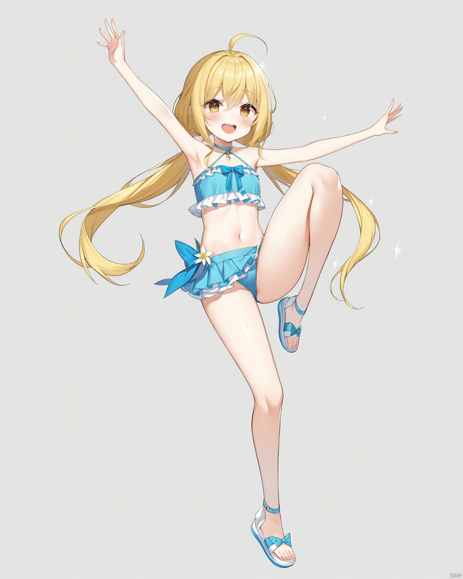 (masterpiece),(bestquality),,closers,((lucy_\(closers\))),1girl,swimsuit,blonde hair,bikini,long hair,twintails,solo,ahoge,open mouth,low twintails,smile,navel,yellow eyes,flat chest,looking at viewer,food,very long hair,choker,cup,:d,eyebrows visible through hair,sandals,thigh strap,barefoot,full body,bangs,frills,armpits,blush,bare shoulders,bare arms,knee up,outstretched arms,hair between eyes,collarbone,brown eyes,bare legs,halterneck,blue footwear,stomach,legs,breasts,shoes,ribbon,toes,leg up,thighs,small breasts,feet,sidelocks,arms up,outstretched arm,arm up,halter top,sparkle,white footwear,virtual youtuber,white background,spread arms,fang,groin,upper teeth,alternate costume,