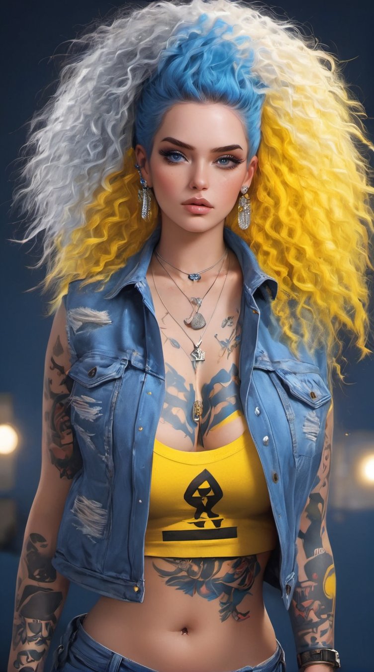 (highers), (ultra detailed), (perfect face), gray eyes, (((three color 4A Hair Type hair, ((yellow white and blue hair)), shy, navel, (bright lights), (blinding lights), blue color theme, dark, room, punk, large chest, make up, dark eyeshadow, piercing, tattoos, belly tattoo