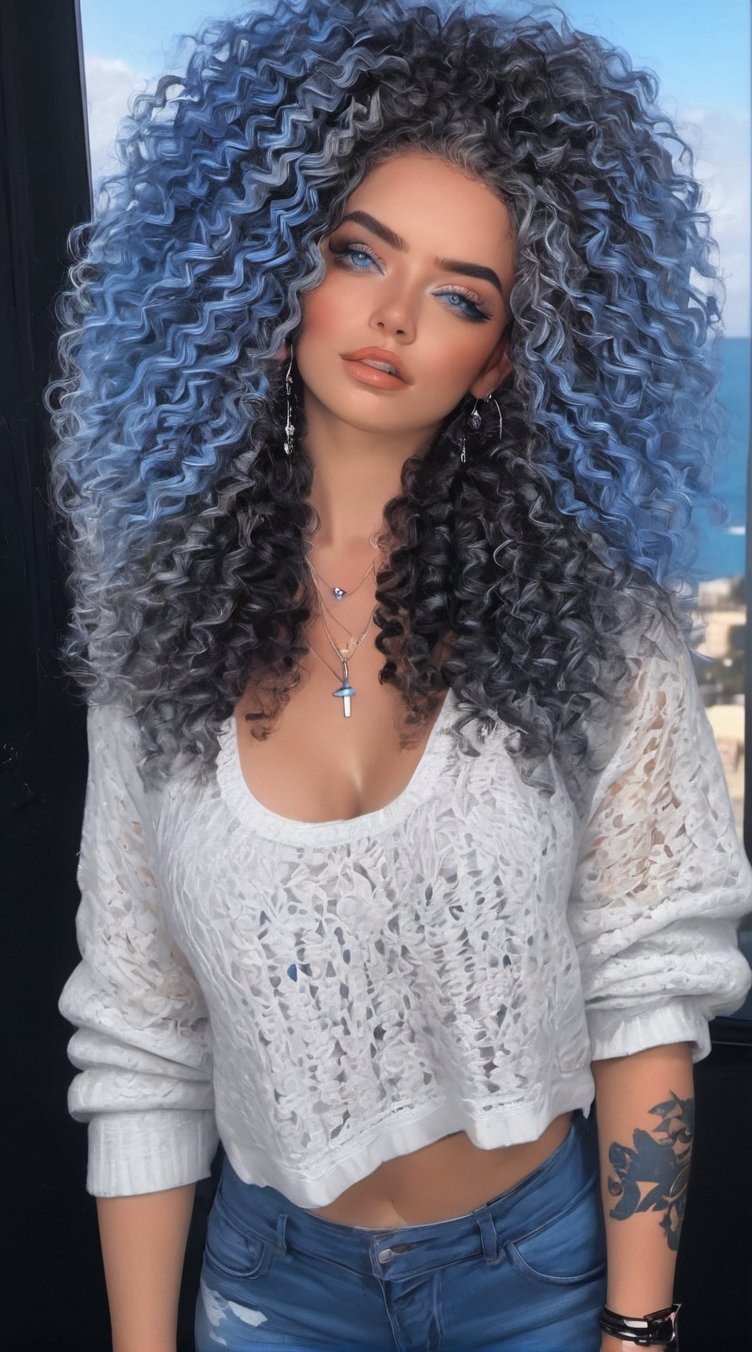 (highers), (ultra detailed), (perfect face), gray eyes, (((three color Crochet braids hair))), (((black white and blue hair))), long hair, piercing, tattoos, tattoo on belly, introvert, shy, navel, (bright lights), (blinding lights), blue color theme, dark, room, punk, large chest, big chest, make up, dark eyeshadow