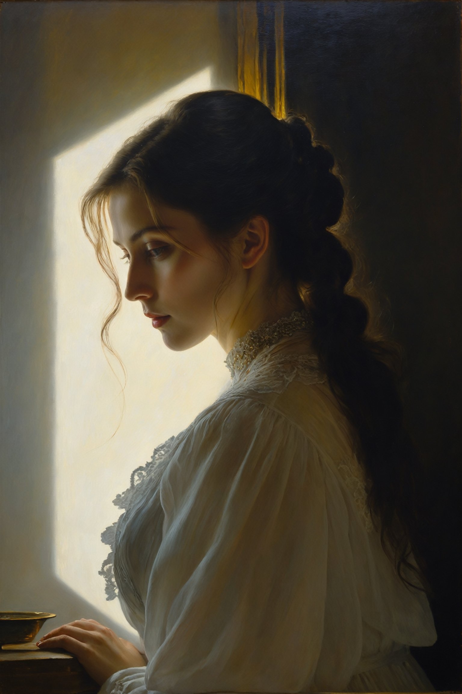 Realistic painting of a mysterious woman in the shadows, inspired by Russian painter Ivan Kramskoy, soft lighting, intricate details, long shot, oil on canvas technique used by Valentin Serov and Ilya Repin