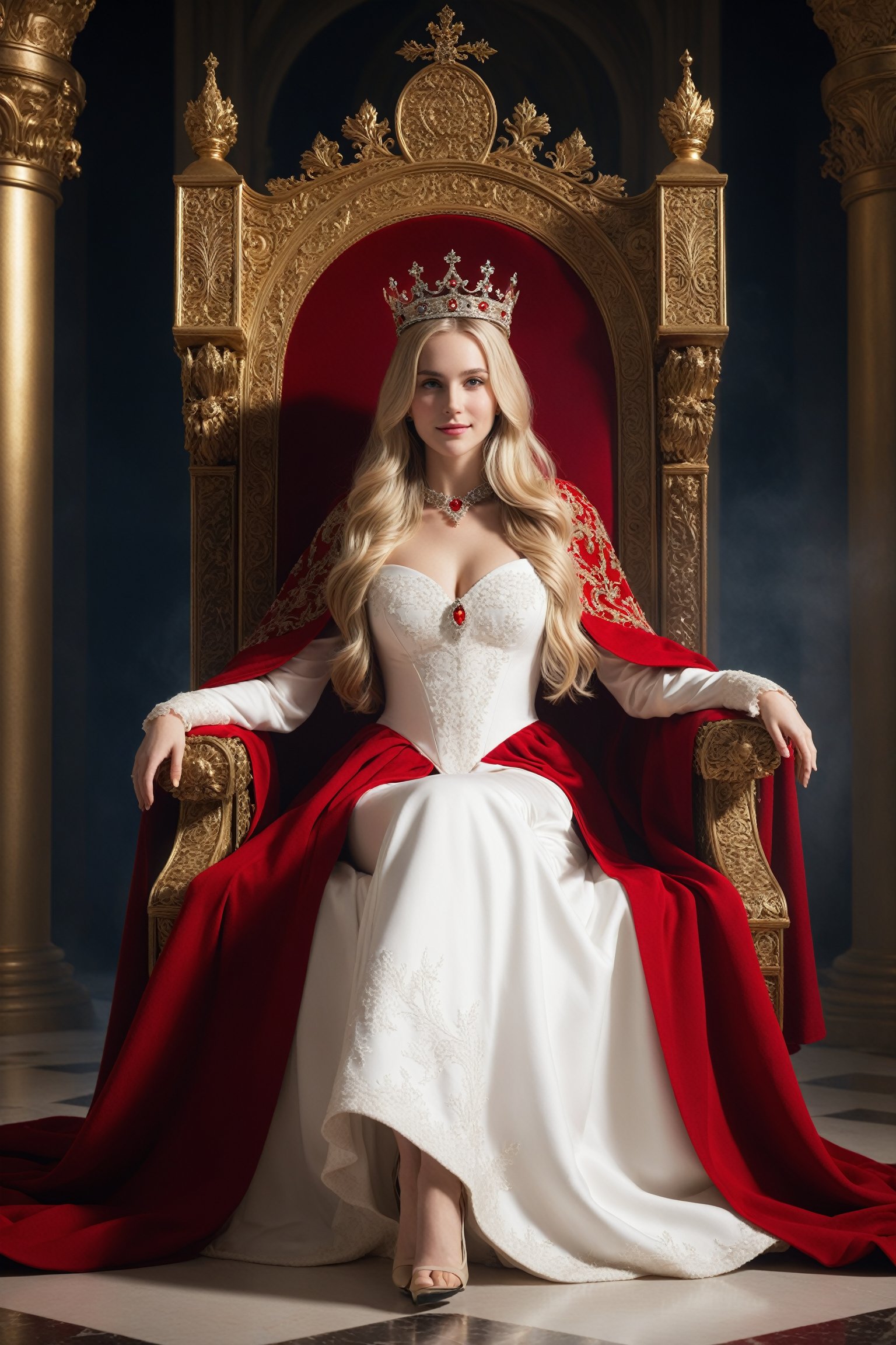 Grateful girl, blonde long hairs, with white dress and red cloak, the crown in the head, sit in the throne like the queen, she is very kind, she have sweety smile, full body, high quality, high details, artistic style, respectful attitudeextremely detailed) CG unity, 8k wallpaper, (cinematic angle), perfectly designed.