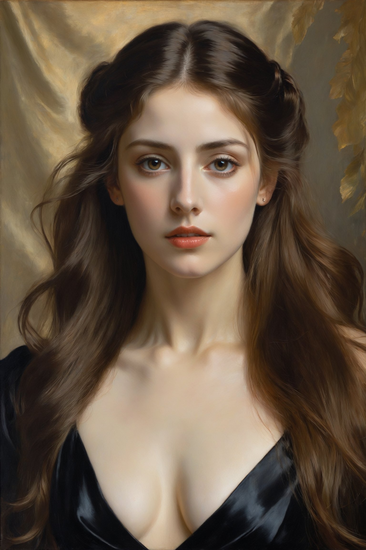 Portrait of a stunning woman with piercing brown eyes and long flowing brown hair, wearing a form-fitting black dress, realistic oil painting style by John Singer Sargent and Edgar Degas, intricate details in the clothing and facial features, studio lighting to enhance the depth and realism of the image