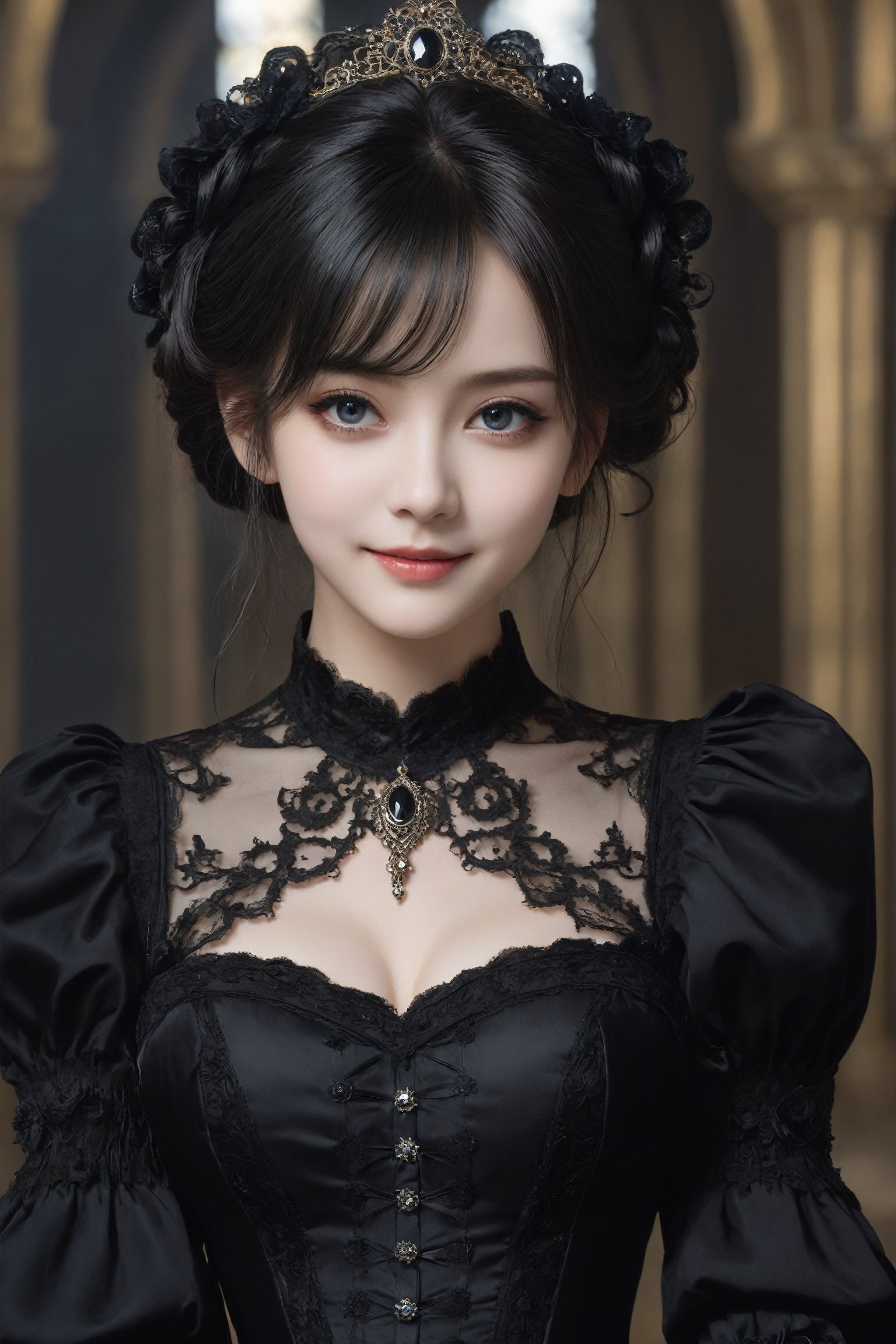 (masterpiece, top quality, best quality, official art, beautiful and aesthetic:1.2), (gothic_girl), light smile, black dress, intricate dress, highest detailed, zoom_out, perfect eyes, random hairstyle