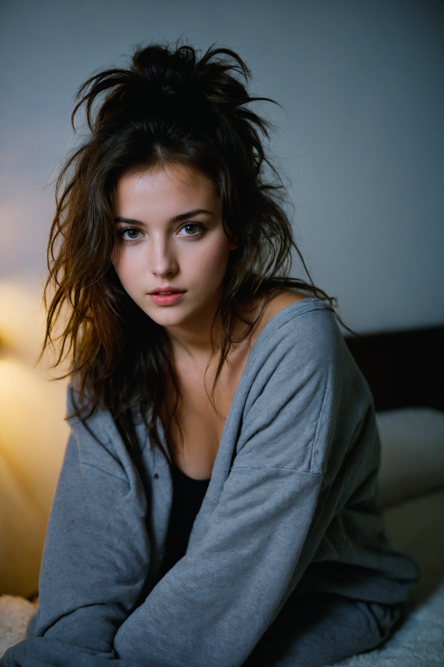 25 yo girl, brunette, close-up, girl next door, baggy clothes, night, interior, messy hair