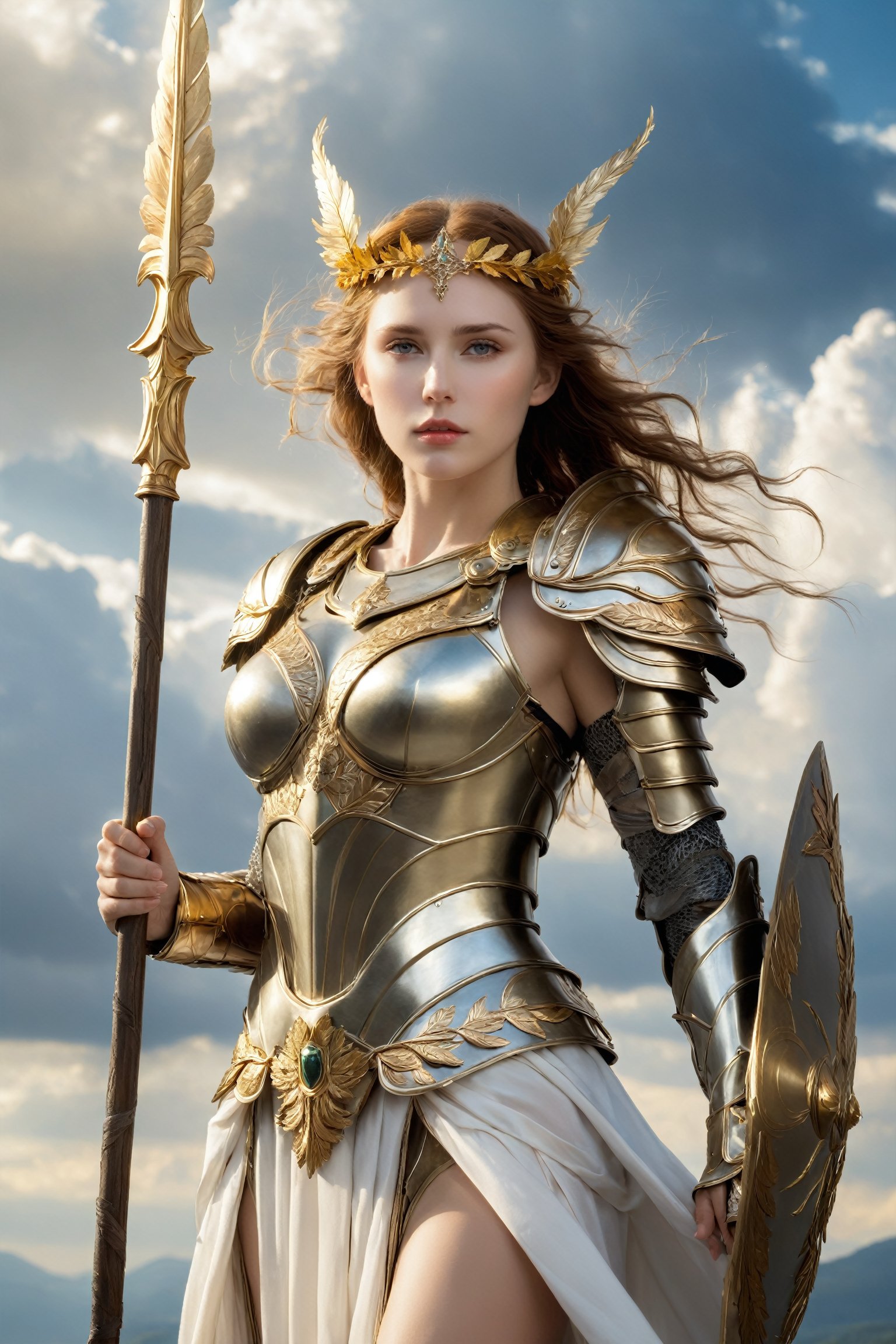 1girl, valkyrie in gorgeous armor is holding a spear in hand, (side view, solo:1.1), standing, golden laurel wreath crown, goddess, pale skin, beautiful face, armored dress, wings, looking at viewer, cloudy sky, holy light, light from clouds, fantasy theme