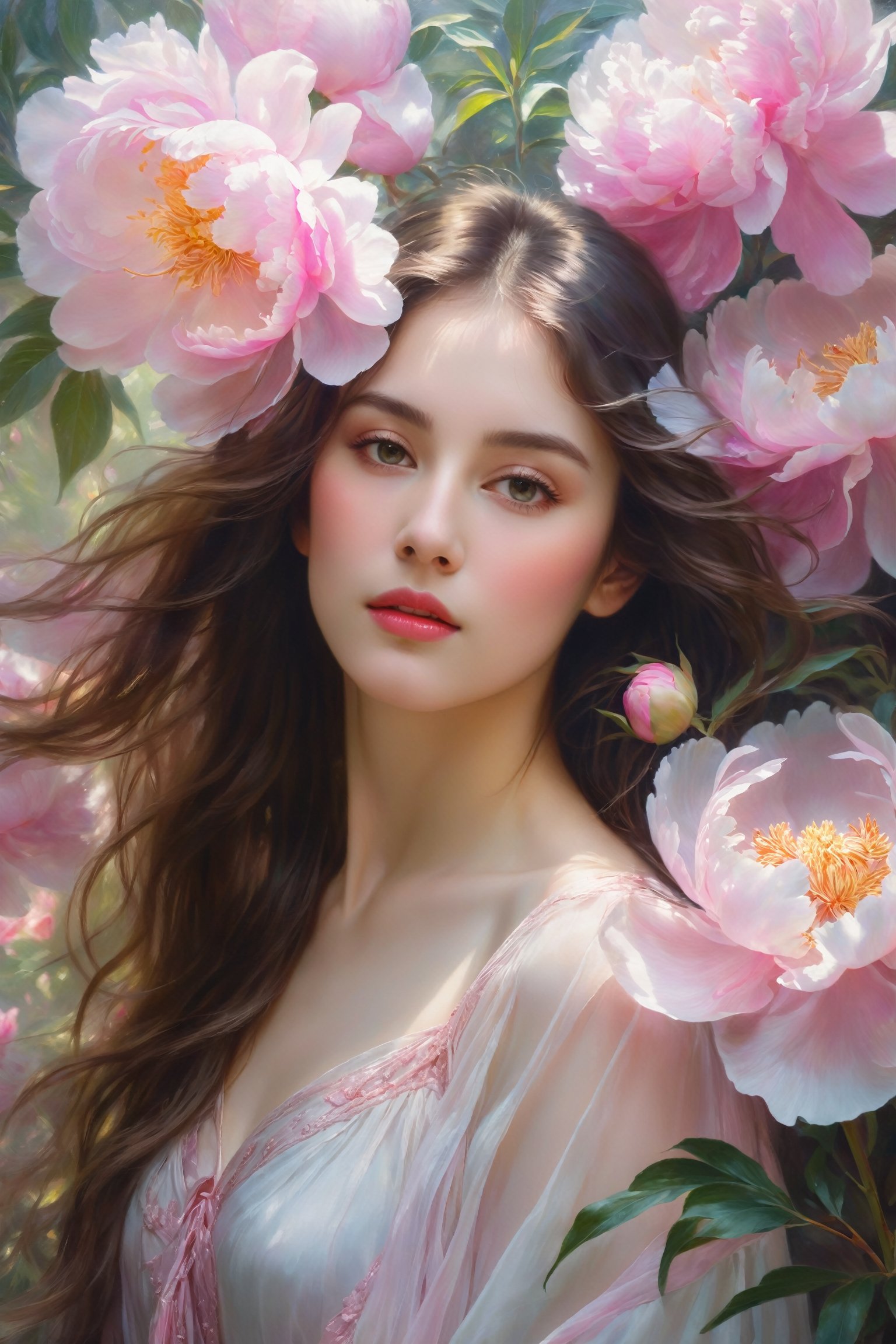 Closeup portrait of a beautiful girl with long flowing hair, surrounded by paradisiacal pink peonies with transparent petals, glowing in the background. Dreamlike and ethereal atmosphere, soft lighting and intricate details. Art inspired by John Singer Sargent's portraits and Claude Monet's use of light in his paintings. (Realistic oil painting style)