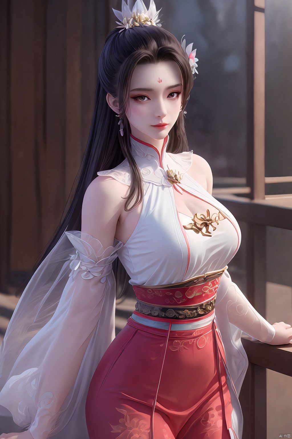 Xbaihehuai,masterpiece,(best quality),official art, extremely detailed cg 8k wallpaper,((crystalstexture skin)), (extremely delicate and beautiful),highly detailed,1girl,solo,long hair,headwear,,(black hair),(closed mouth),(standing),(chinese clothing),dress,Headwear, jewelry,,looking at the audience,Facing the camera,indoor,Street, Sunny,(whole body),looking_at_viewer, (big breasts), upper body,Xbaihehuai, ty-hd, desert_sky,X-Hydrangea