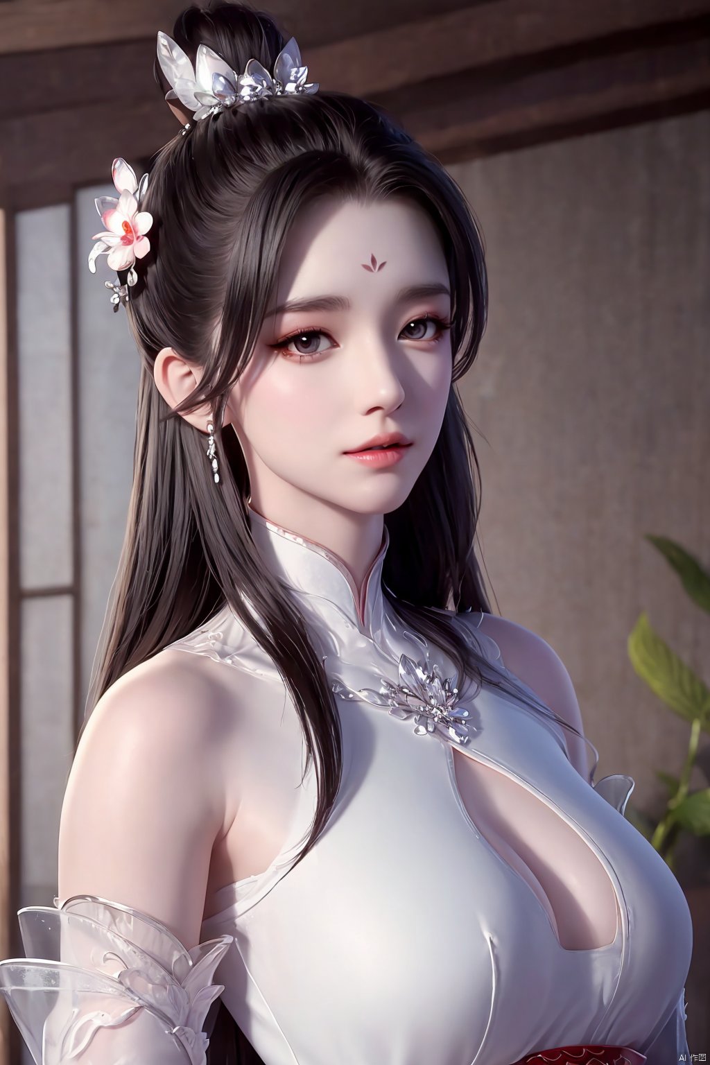 Xbaihehuai,masterpiece,(best quality),official art, extremely detailed cg 8k wallpaper,((crystalstexture skin)), (extremely delicate and beautiful),highly detailed,1girl,solo,long hair,headwear,,(black hair),(closed mouth),(standing),(chinese clothing),dress,Headwear, jewelry,,looking at the audience,Facing the camera,indoor,Street, Sunny,(whole body),looking_at_viewer, (big breasts), upper body,Xbaihehuai