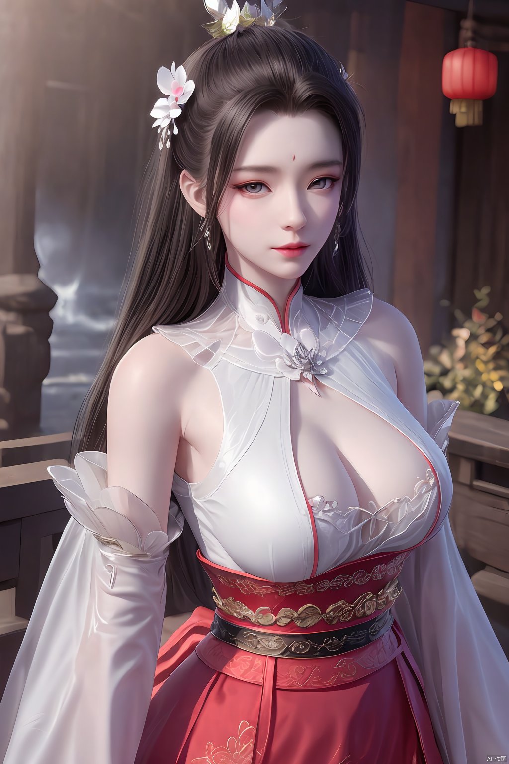 Xbaihehuai,masterpiece,(best quality),official art, extremely detailed cg 8k wallpaper,((crystalstexture skin)), (extremely delicate and beautiful),highly detailed,1girl,solo,long hair,headwear,,(black hair),(closed mouth),(standing),(chinese clothing),dress,Headwear, jewelry,,looking at the audience,Facing the camera,indoor,Street, Sunny,(whole body),looking_at_viewer, (big breasts), upper body,Xbaihehuai, ty-hd, desert_sky,X-Hydrangea