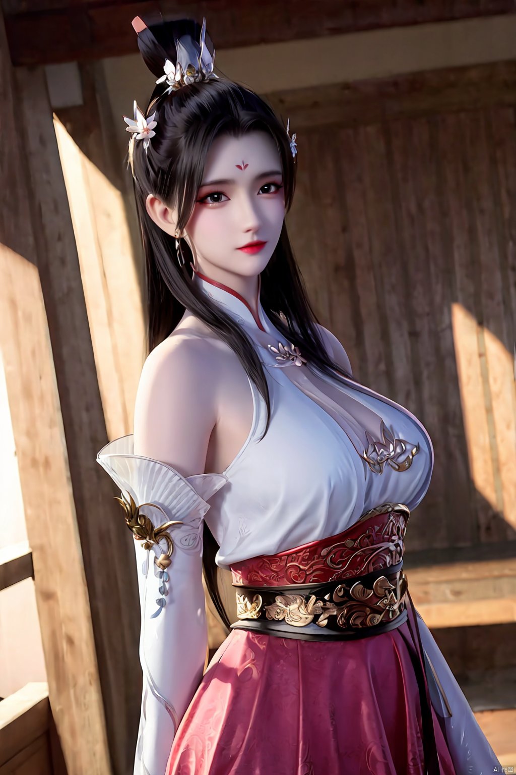 Xbaihehuai,masterpiece,(best quality),official art, extremely detailed cg 8k wallpaper,((crystalstexture skin)), (extremely delicate and beautiful),highly detailed,1girl,solo,long hair,headwear,,(black hair),(closed mouth),(standing),(chinese clothing),dress,Headwear, jewelry,,looking at the audience,Facing the camera,indoor,Street, Sunny,(whole body),looking_at_viewer, (big breasts), upper body,Xbaihehuai