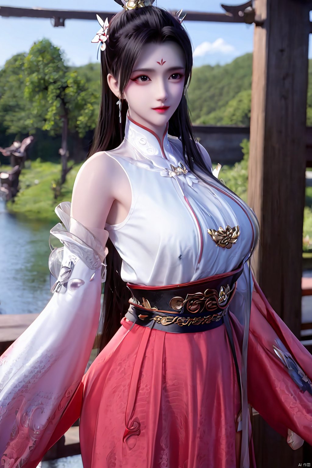 Xbaihehuai,masterpiece,(best quality),official art, extremely detailed cg 8k wallpaper,((crystalstexture skin)), (extremely delicate and beautiful),highly detailed,1girl,solo,long hair,headwear,,(black hair),(closed mouth),(standing),(chinese clothing),dress,Headwear, jewelry,,looking at the audience,Facing the camera,indoor,Street, Sunny,(whole body),looking_at_viewer, (big breasts), upper body,Xbaihehuai