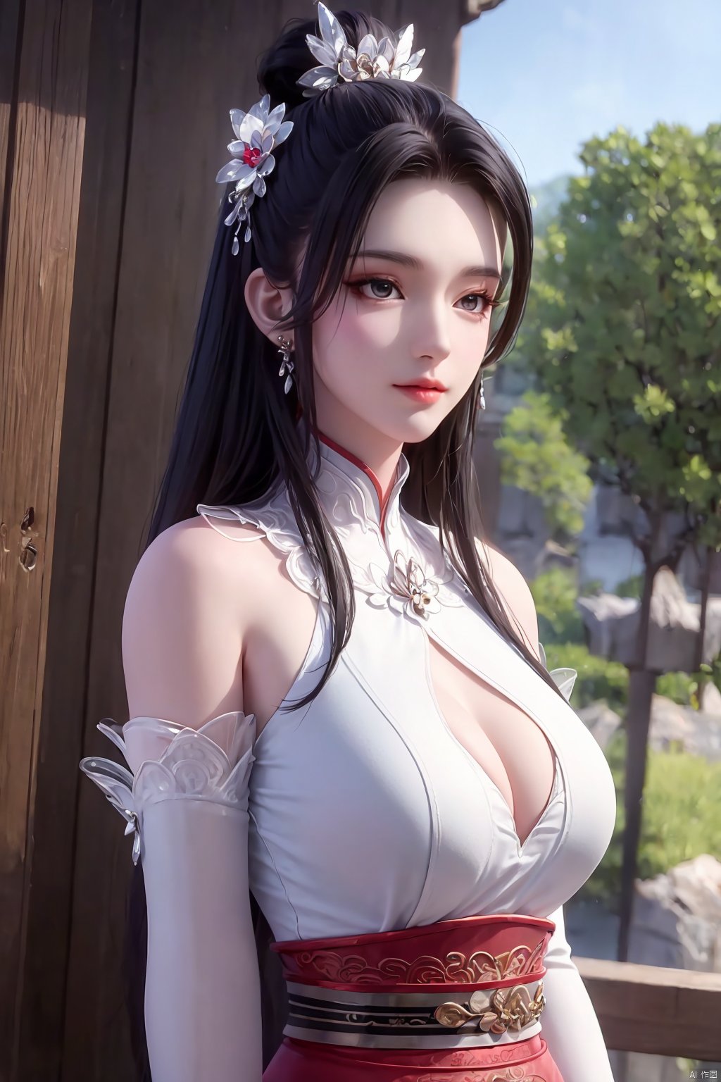 masterpiece,(best quality),official art, extremely detailed cg 8k wallpaper,((crystalstexture skin)), (extremely delicate and beautiful),highly detailed,1girl,solo,long hair,headwear,,(black hair),(closed mouth),(standing),(chinese clothing),dress,Headwear, jewelry,,looking at the audience,Facing the camera,indoor,Street, Sunny,(whole body),looking_at_viewer, (cleavage, big breasts), upper body,Xbaihehuai