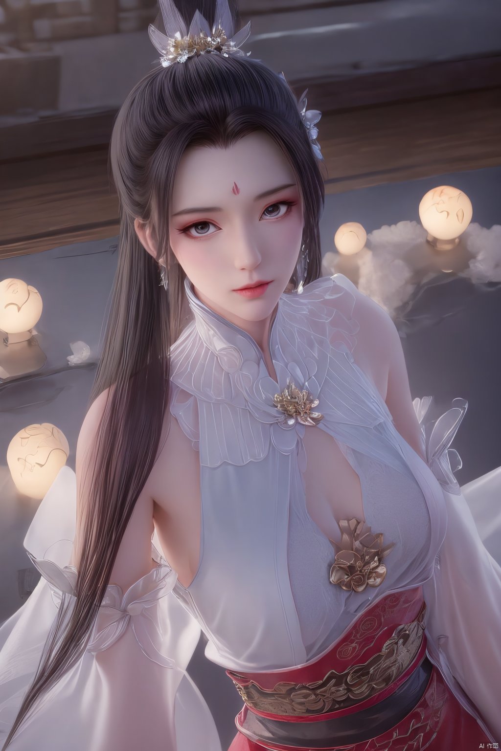 Xbaihehuai,masterpiece,(best quality),official art, extremely detailed cg 8k wallpaper,((crystalstexture skin)), (extremely delicate and beautiful),highly detailed,1girl,solo,long hair,headwear,,(black hair),(closed mouth),(standing),(chinese clothing),dress,Headwear, jewelry,,looking at the audience,Facing the camera,indoor,Street, Sunny,(whole body),looking_at_viewer, (big breasts), upper body,Xbaihehuai, ty-hd, desert_sky,X-Hydrangea