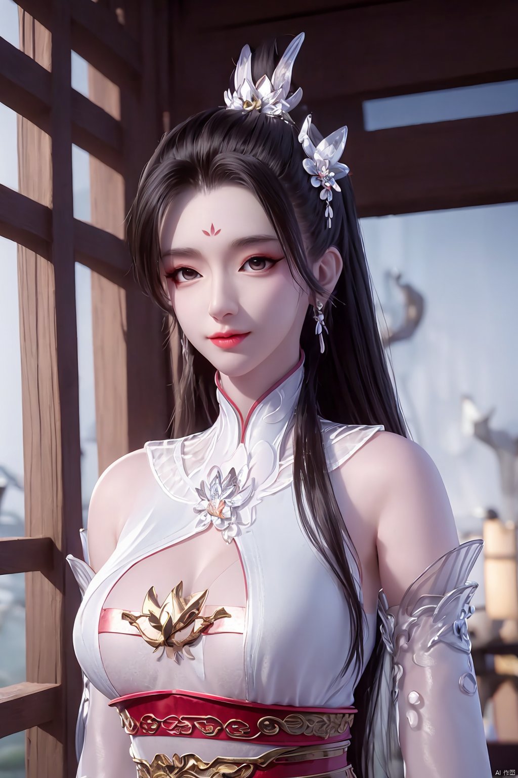 Xbaihehuai,masterpiece,(best quality),official art, extremely detailed cg 8k wallpaper,((crystalstexture skin)), (extremely delicate and beautiful),highly detailed,1girl,solo,long hair,headwear,,(black hair),(closed mouth),(standing),(chinese clothing),dress,Headwear, jewelry,,looking at the audience,Facing the camera,indoor,Street, Sunny,(whole body),looking_at_viewer, (big breasts), upper body,Xbaihehuai