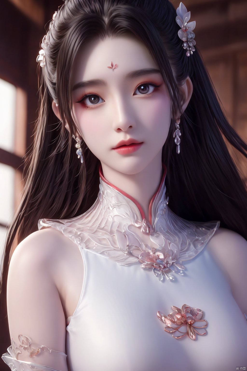 Xbaihehuai,masterpiece,(best quality),official art, extremely detailed cg 8k wallpaper,((crystalstexture skin)), (extremely delicate and beautiful),highly detailed,1girl,solo,long hair,headwear,,(black hair),(closed mouth),(standing),(chinese clothing),dress,Headwear, jewelry,,looking at the audience,Facing the camera,indoor,Street, Sunny,(whole body),looking_at_viewer, (big breasts), upper body,Xbaihehuai