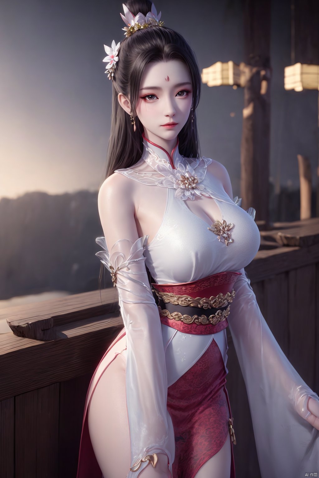 Xbaihehuai,masterpiece,(best quality),official art, extremely detailed cg 8k wallpaper,((crystalstexture skin)), (extremely delicate and beautiful),highly detailed,1girl,solo,long hair,headwear,,(black hair),(closed mouth),(standing),(chinese clothing),dress,Headwear, jewelry,,looking at the audience,Facing the camera,indoor,Street, Sunny,(whole body),looking_at_viewer, (big breasts), upper body,Xbaihehuai