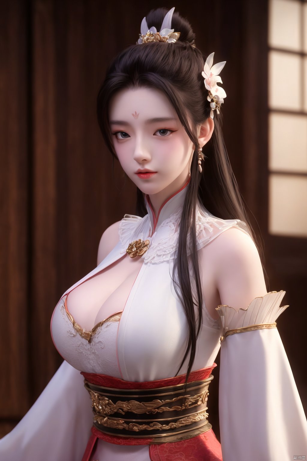 Xbaihehuai,masterpiece,(best quality),official art, extremely detailed cg 8k wallpaper,((crystalstexture skin)), (extremely delicate and beautiful),highly detailed,1girl,solo,long hair,headwear,,(black hair),(closed mouth),(standing),(chinese clothing),dress,Headwear, jewelry,,looking at the audience,Facing the camera,indoor,Street, Sunny,(whole body),looking_at_viewer, (big breasts), upper body,Xbaihehuai