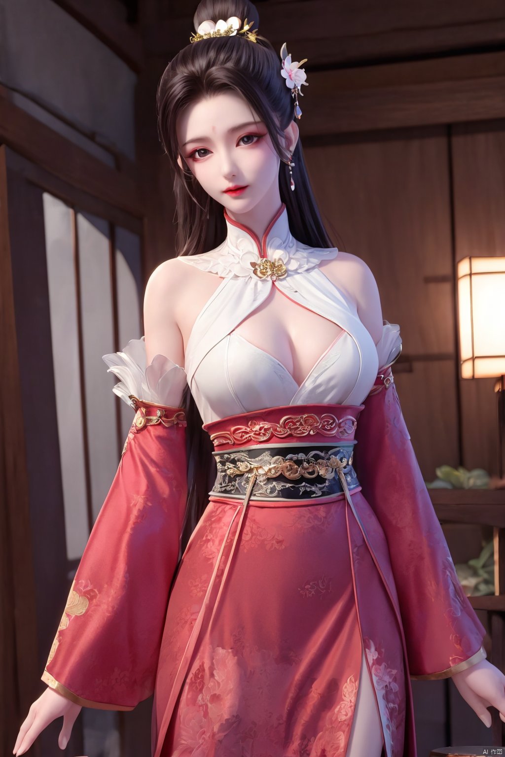 Xbaihehuai,masterpiece,(best quality),official art, extremely detailed cg 8k wallpaper,((crystalstexture skin)), (extremely delicate and beautiful),highly detailed,1girl,solo,long hair,headwear,,(black hair),(closed mouth),(standing),(chinese clothing),dress,Headwear, jewelry,,looking at the audience,Facing the camera,indoor,Street, Sunny,(whole body),looking_at_viewer, (big breasts), upper body,Xbaihehuai