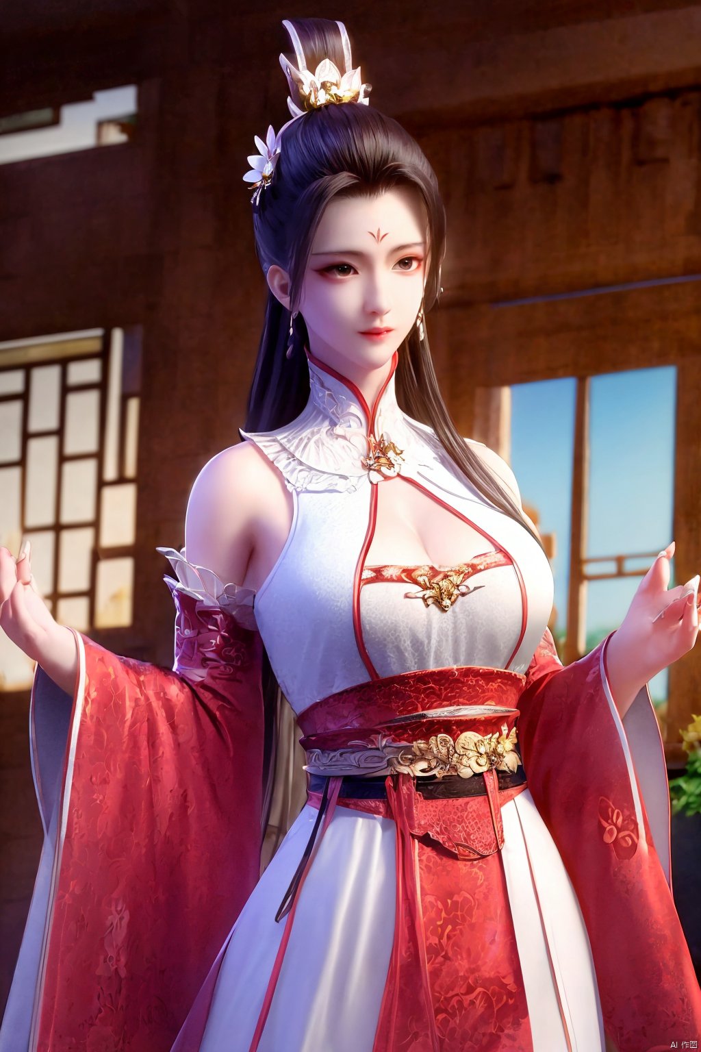 Xbaihehuai,masterpiece,(best quality),official art, extremely detailed cg 8k wallpaper,((crystalstexture skin)), (extremely delicate and beautiful),highly detailed,1girl,solo,long hair,headwear,,(black hair),(closed mouth),(standing),(chinese clothing),dress,Headwear, jewelry,,looking at the audience,Facing the camera,indoor,Street, Sunny,(whole body),looking_at_viewer, (big breasts), upper body,Xbaihehuai