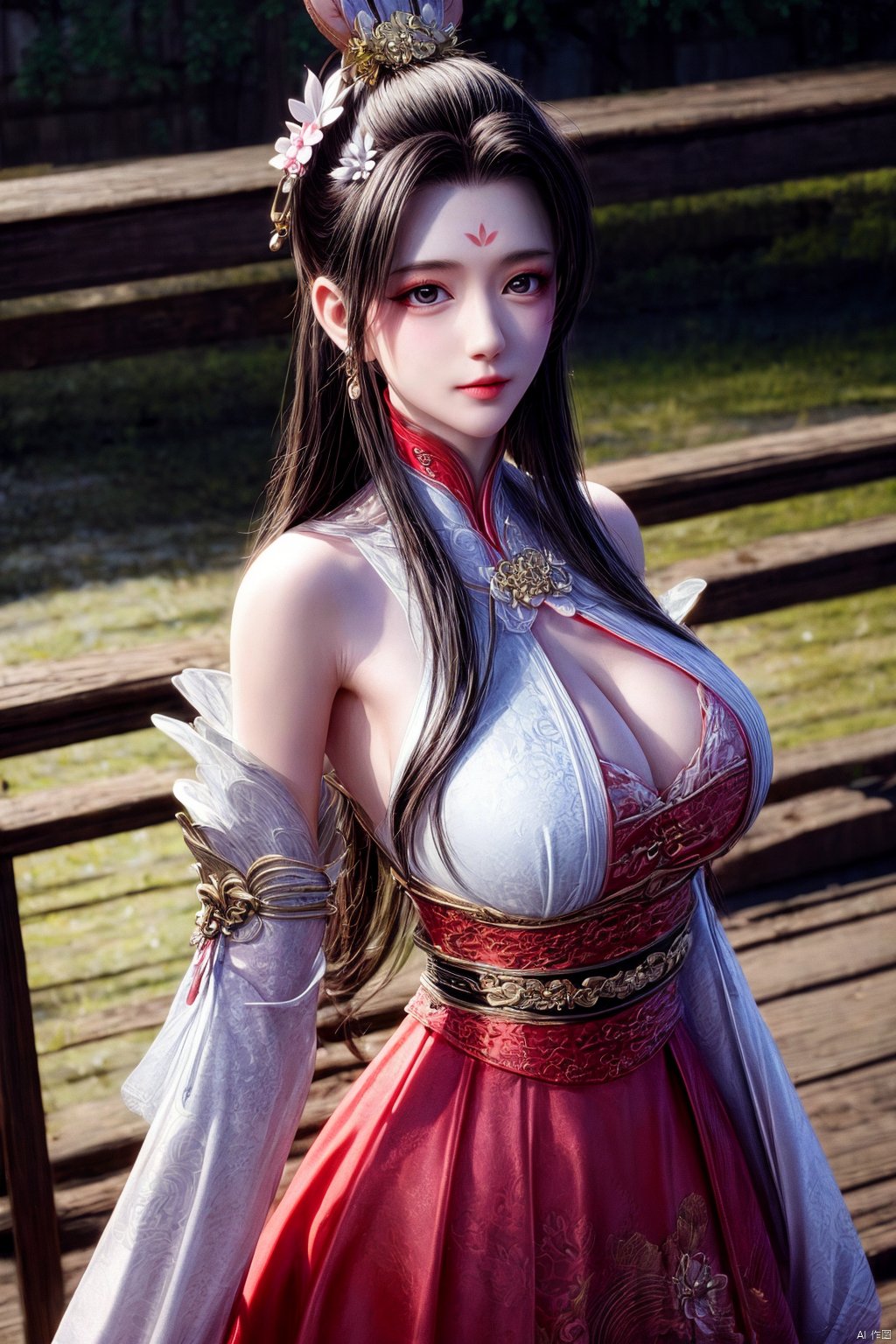 Xbaihehuai,masterpiece,(best quality),official art, extremely detailed cg 8k wallpaper,((crystalstexture skin)), (extremely delicate and beautiful),highly detailed,1girl,solo,long hair,headwear,,(black hair),(closed mouth),(standing),(chinese clothing),dress,Headwear, jewelry,,looking at the audience,Facing the camera,indoor,Street, Sunny,(whole body),looking_at_viewer, (big breasts), upper body,Xbaihehuai