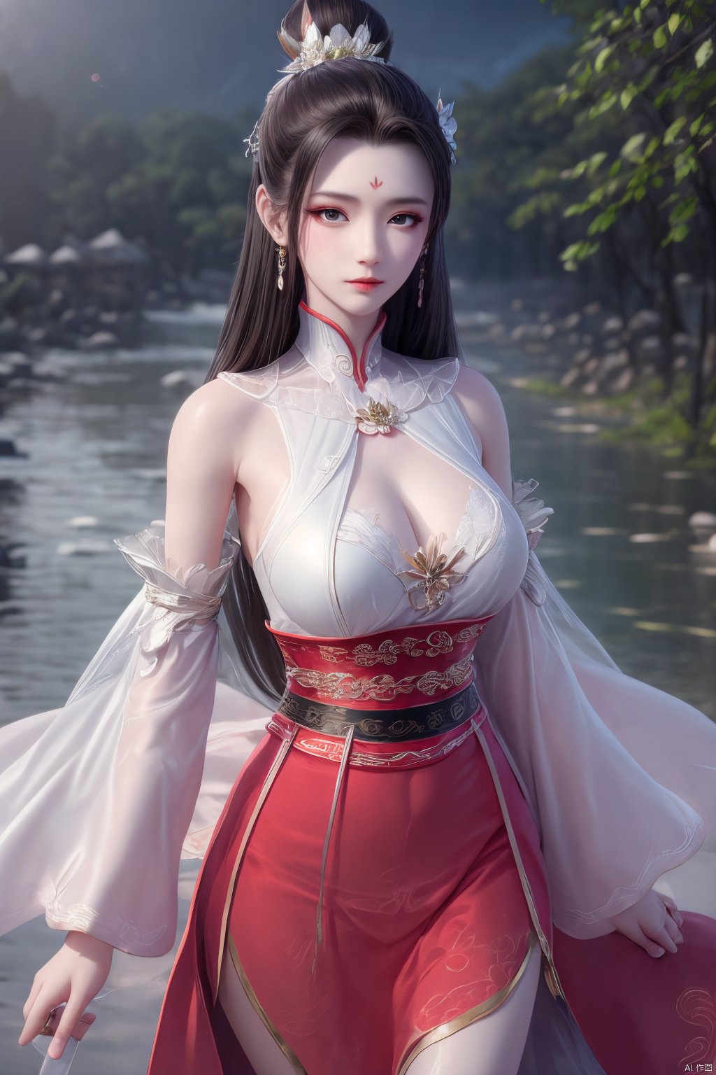 Xbaihehuai,masterpiece,(best quality),official art, extremely detailed cg 8k wallpaper,((crystalstexture skin)), (extremely delicate and beautiful),highly detailed,1girl,solo,long hair,headwear,,(black hair),(closed mouth),(standing),(chinese clothing),dress,Headwear, jewelry,,looking at the audience,Facing the camera,indoor,Street, Sunny,(whole body),looking_at_viewer, (big breasts), upper body,Xbaihehuai, ty-hd, desert_sky,X-Hydrangea