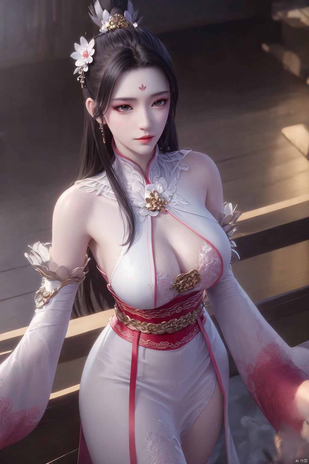 Xbaihehuai,masterpiece,(best quality),official art, extremely detailed cg 8k wallpaper,((crystalstexture skin)), (extremely delicate and beautiful),highly detailed,1girl,solo,long hair,headwear,,(black hair),(closed mouth),(standing),(chinese clothing),dress,Headwear, jewelry,,looking at the audience,Facing the camera,indoor,Street, Sunny,(whole body),looking_at_viewer, (big breasts), upper body,Xbaihehuai