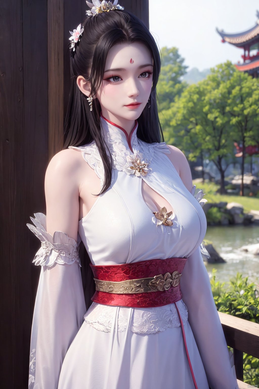 Xbaihehuai,masterpiece,(best quality),official art, extremely detailed cg 8k wallpaper,((crystalstexture skin)), (extremely delicate and beautiful),highly detailed,1girl,solo,long hair,headwear,,(black hair),(closed mouth),(standing),(chinese clothing),dress,Headwear, jewelry,,looking at the audience,Facing the camera,indoor,Street, Sunny,(whole body),looking_at_viewer, (big breasts), upper body,Xbaihehuai