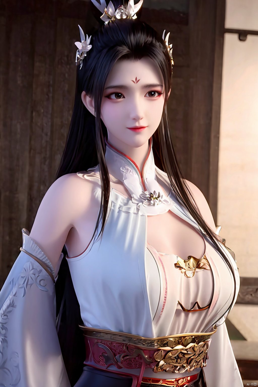 Xbaihehuai,masterpiece,(best quality),official art, extremely detailed cg 8k wallpaper,((crystalstexture skin)), (extremely delicate and beautiful),highly detailed,1girl,solo,long hair,headwear,,(black hair),(closed mouth),(standing),(chinese clothing),dress,Headwear, jewelry,,looking at the audience,Facing the camera,indoor,Street, Sunny,(whole body),looking_at_viewer, (big breasts), upper body,Xbaihehuai