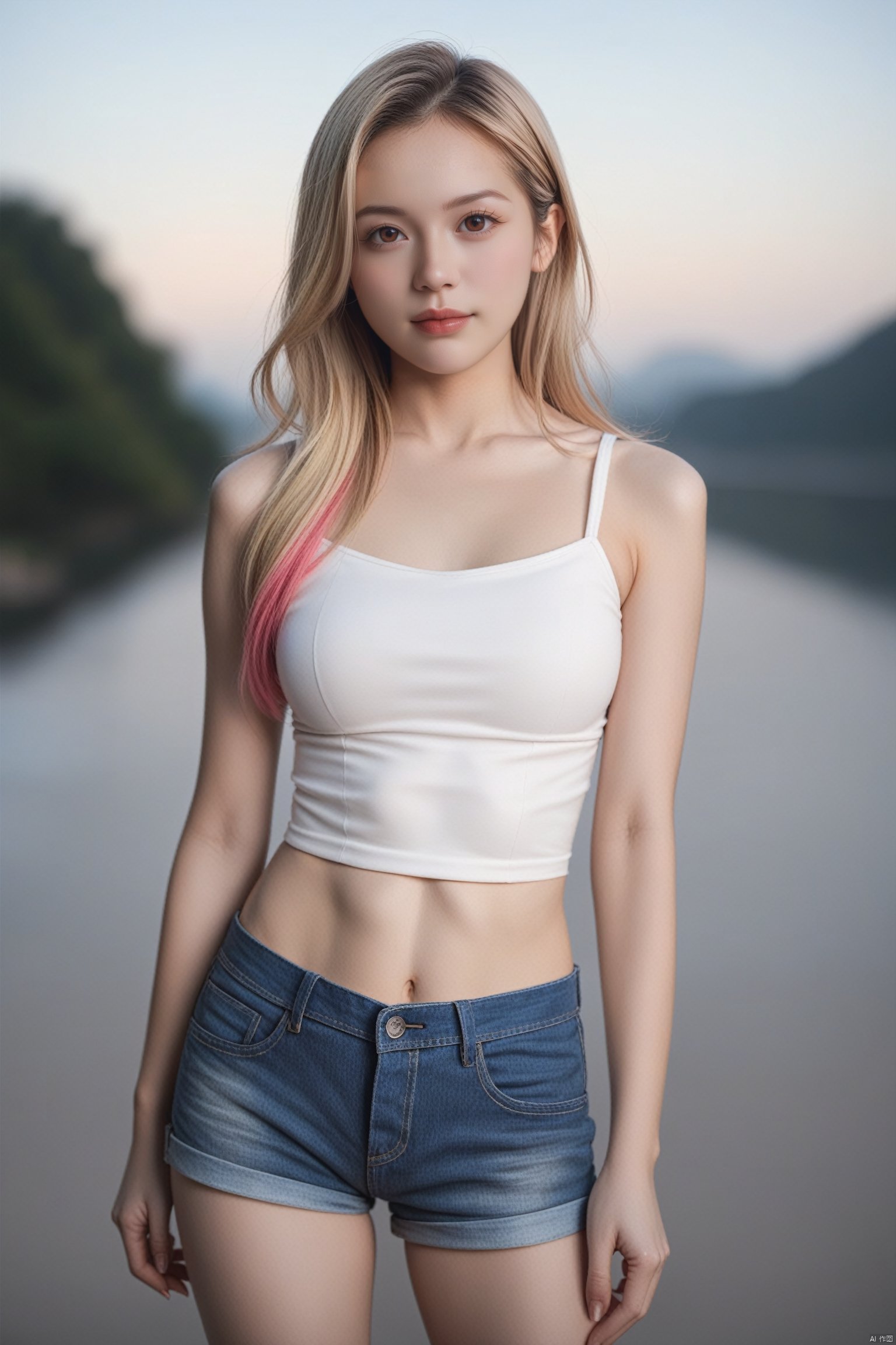 Score_9, Score_8_up, Score_7_up, reality, realistic, photorealistic, 2K, 
1girl,solo, brown eyes, blonde hair, multicolored hair, long hair, medium breasts, white **** top, bare shoulders, collarbone, sleeveless, blue denim shorts, standing,