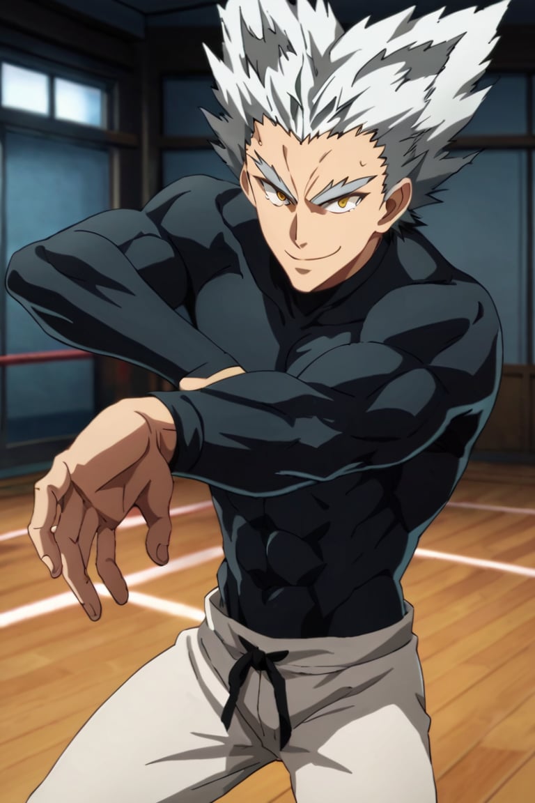 score_9,score_8_up,score_7_up,source_anime,1boy, male, solo,  looking at viewer, Garou,silver hair, yellow eyes,spiked hair, muscler, indoors,  upper body, black_bodysuit, white pants, evil smile, fighting pose,