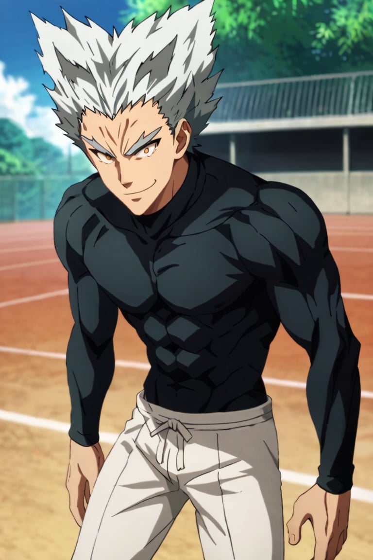 score_9,score_8_up,score_7_up,source_anime,1boy, male, solo,  looking at viewer, Garou,silver hair, yellow eyes,spiked hair, muscler, evil smile, outdoors, black body_suit, white pants,  upper body, close-up,  fighting pose, 