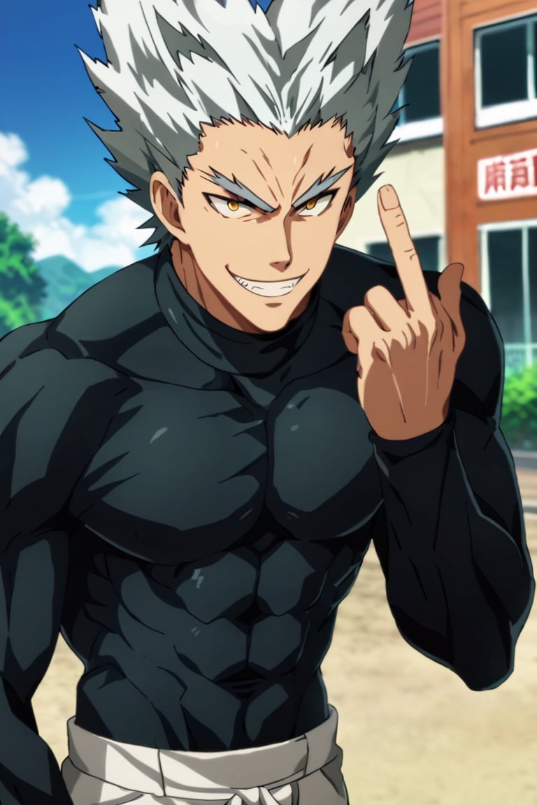 score_9,score_8_up,score_7_up,source_anime,1boy, male, solo,  looking at viewer, Garou,silver hair, yellow eyes,spiked hair, muscler, evil smile, outdoors, black body_suit, white pants, middle_finger, tongue out, upper body,  grin, close-up,