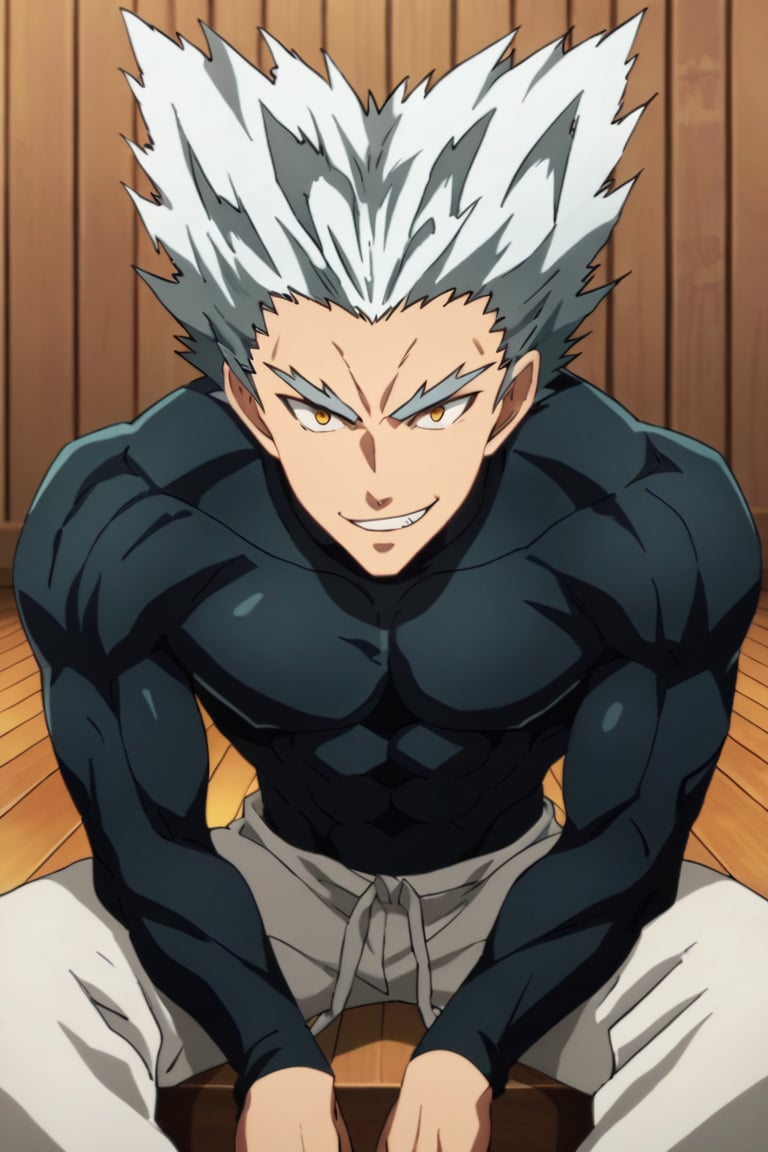 score_9,score_8_up,score_7_up,source_anime,1boy, male, solo,  looking at viewer, Garou,silver hair, yellow eyes,spiked hair, muscler, indoors,  upper body, sitting, black_bodysuit, white pants, looking, down, pov, grin,