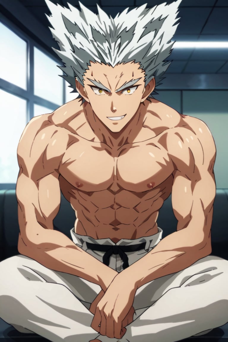 score_9,score_8_up,score_7_up,source_anime,1boy, male, solo,  looking at viewer, Garou,silver hair, yellow eyes,spiked hair, muscler, indoors,  upper body, sitting, black_body_suit, white pants, looking, down, pov, grin,