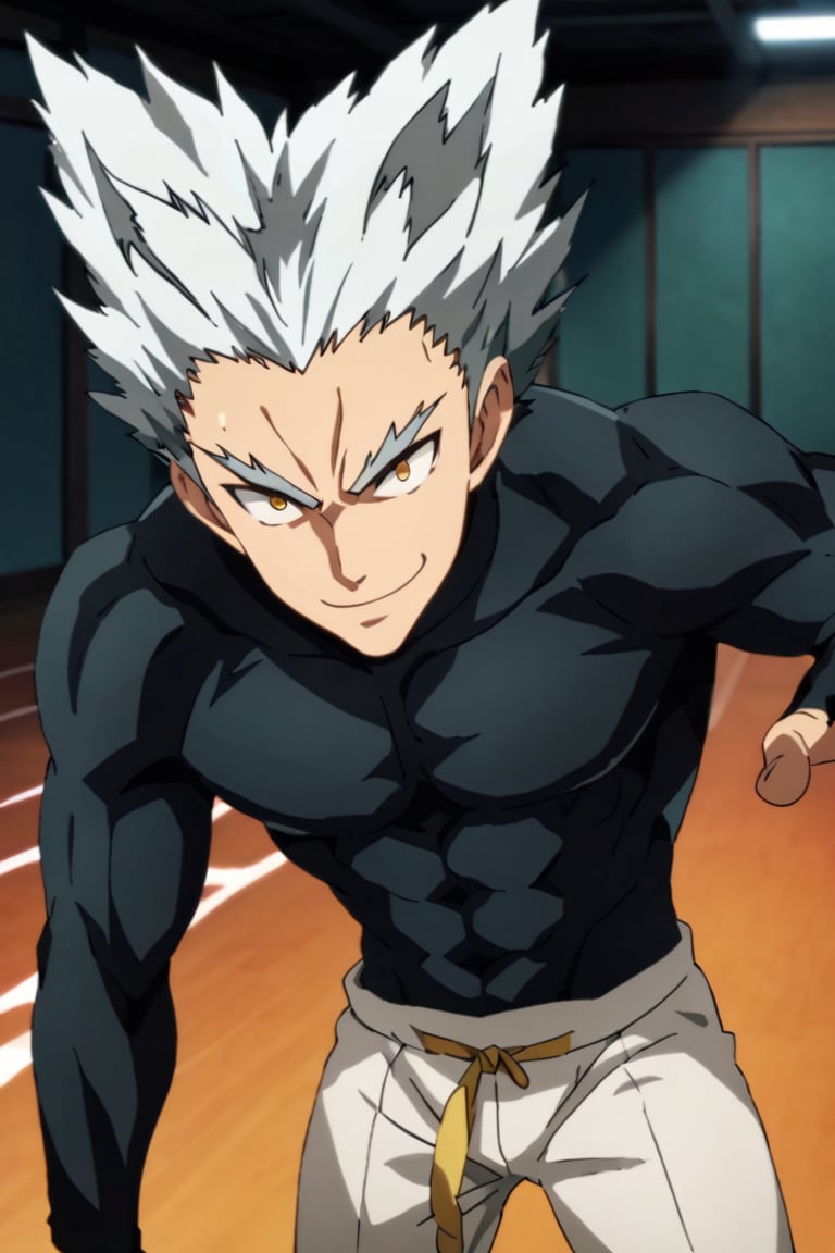 score_9,score_8_up,score_7_up,source_anime,1boy, male, solo,  looking at viewer, Garou,silver hair, yellow eyes,spiked hair, muscler, indoors,  upper body, black_bodysuit, white pants, evil smile, fighting pose,