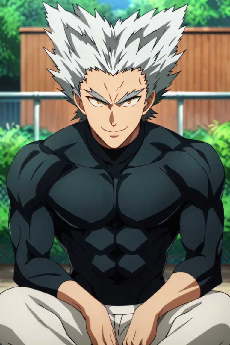 score_9,score_8_up,score_7_up,source_anime,1boy, male, solo,  looking at viewer, Garou,silver hair, yellow eyes,spiked hair, muscler, evil smile, outdoors, black body_suit, white pants,  upper body, close-up, sitting,