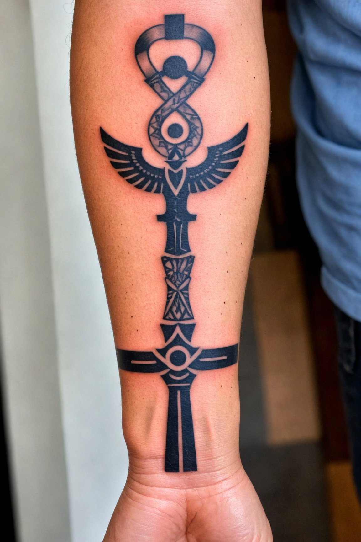 Wrist Tattoo, Tattoo Design, a black and white tattoo of an egyptian god on a man's arm with an ankh in the middle