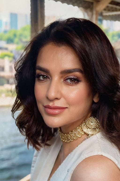 Portrait shot of a  pretty woman with long curly hairs ,  diamond choker, sleeveless blouse with funky patterns,  85mm lens, (analog, cinematic, film grain:1.3), (river side), ((detailed eyes)),  makeup, (looking at viewer), realism