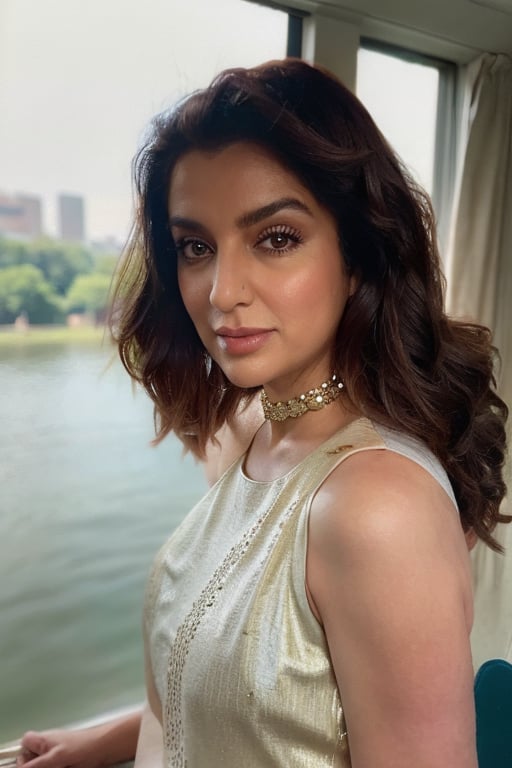 Portrait shot of a  pretty woman with long curly hairs ,  diamond choker, sleeveless blouse with funky patterns,  85mm lens, (analog, cinematic, film grain:1.3), (river side), ((detailed eyes)),  makeup, (looking at viewer), realism