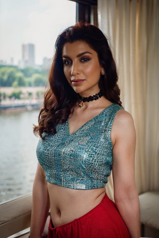 Portrait shot of a  pretty woman with long curly hairs ,  diamond choker, sleeveless blouse with funky patterns,  85mm lens, (analog, cinematic, film grain:1.3), (river side), ((detailed eyes)),  makeup, (looking at viewer), realism