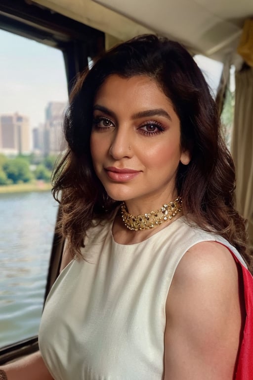 Portrait shot of a  pretty woman with long curly hairs ,  diamond choker, sleeveless blouse with funky patterns,  85mm lens, (analog, cinematic, film grain:1.3), (river side), ((detailed eyes)),  makeup, (looking at viewer), realism